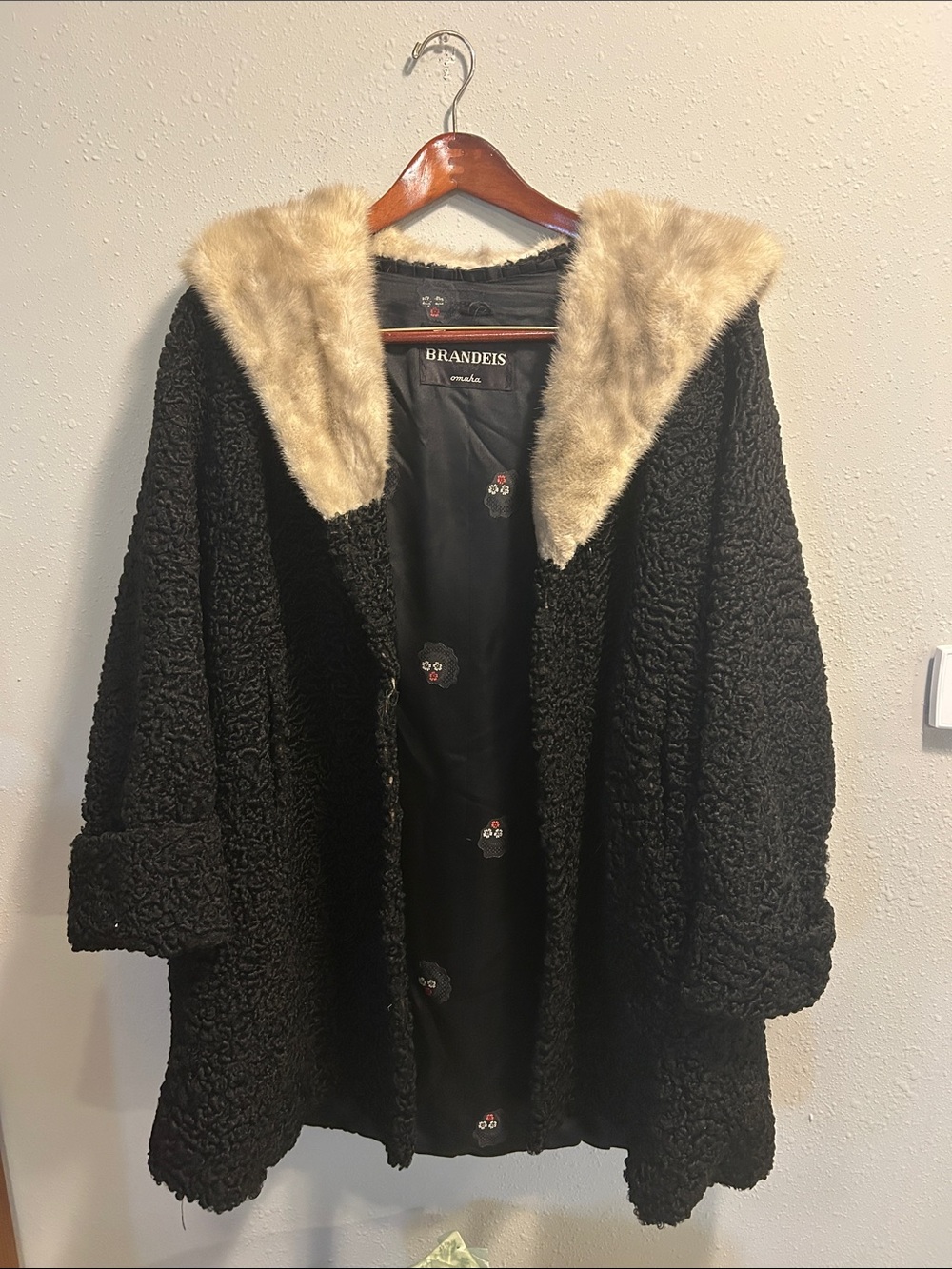 Vintage Mid-Century Black Persian Lamb Fur Coat with Mink Collar Brandeis Omaha